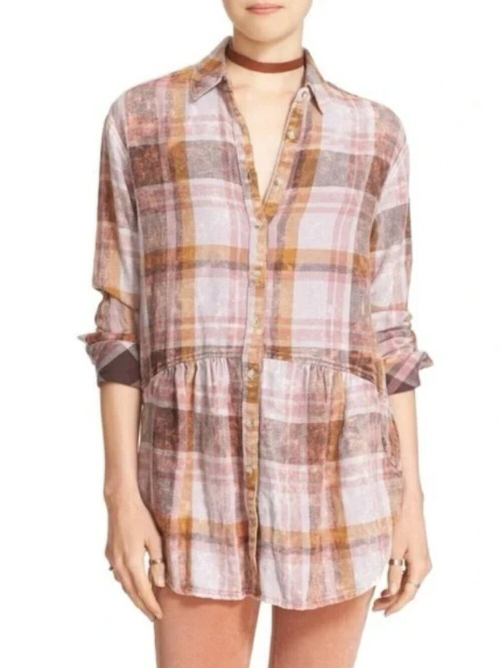Free People Easy Street Plaid Button Up Shirt Sz Medium